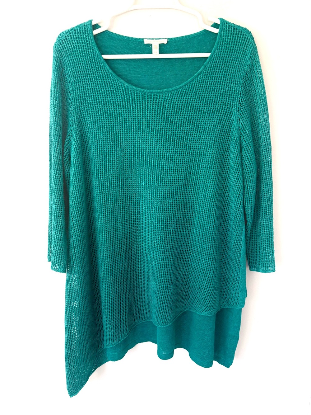 Eileen Fisher Large Green Tunic Blouse Layer Top Long Net Sleeves Organic Linen